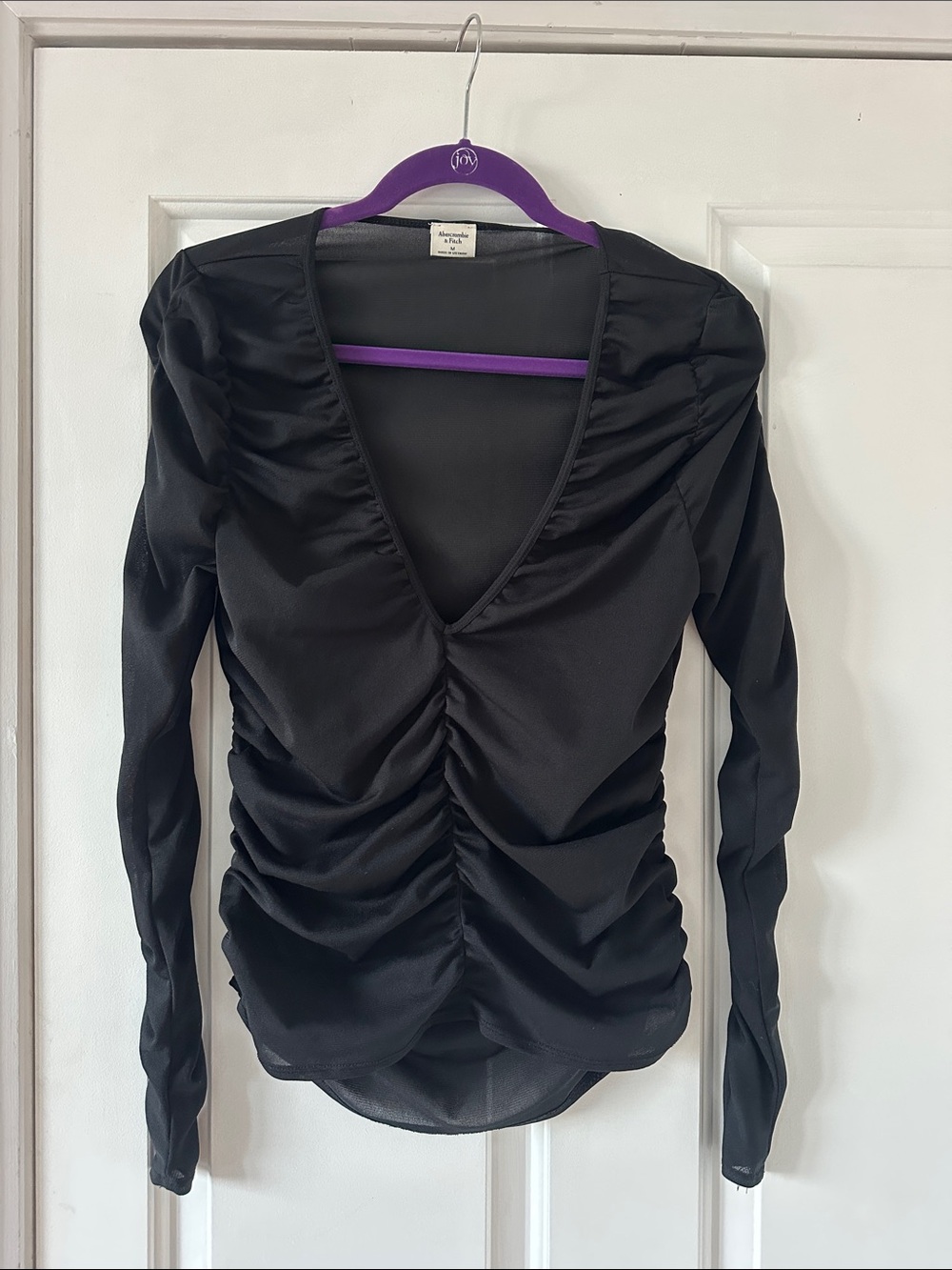 Abercrombie & Fitch Black Ruched V-Neck Long Sleeve Top